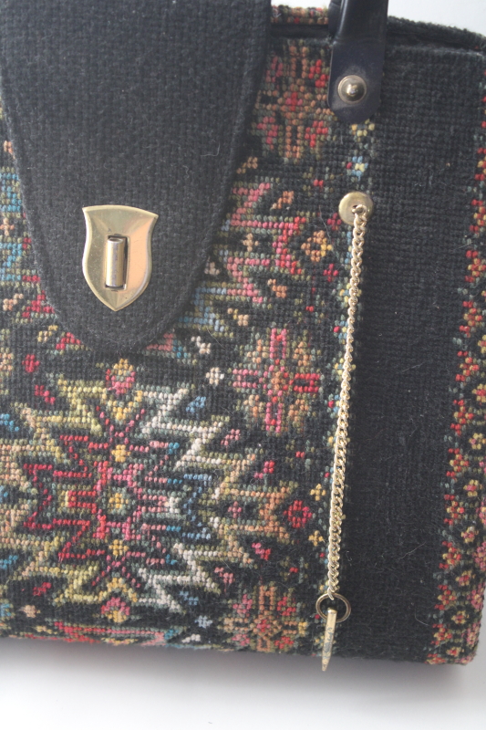 photo of 60s 70s vintage tapestry needlepoint purse, jewel colors on black kilim style large handbag #3