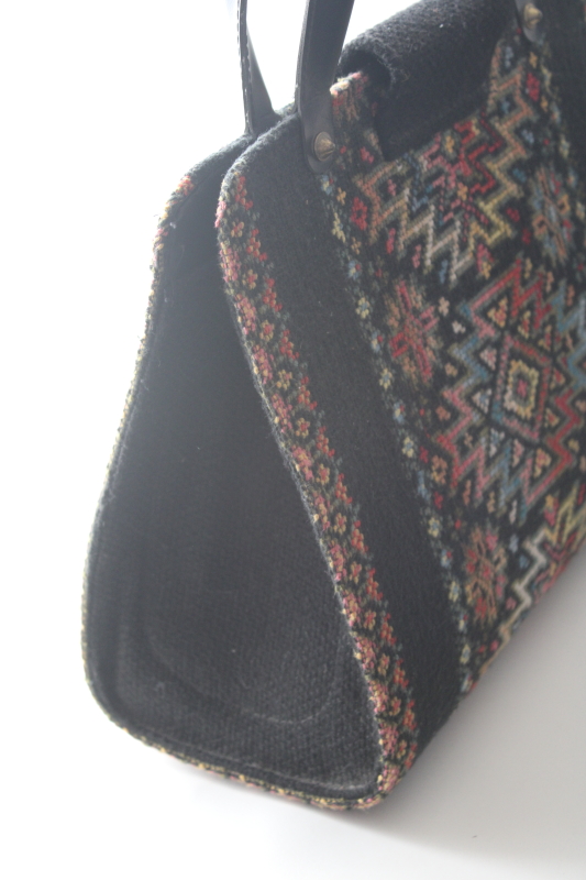 photo of 60s 70s vintage tapestry needlepoint purse, jewel colors on black kilim style large handbag #4