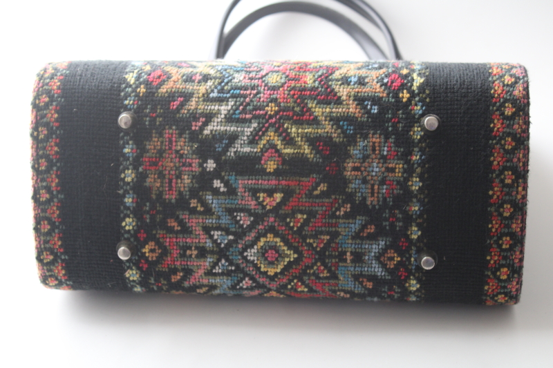 photo of 60s 70s vintage tapestry needlepoint purse, jewel colors on black kilim style large handbag #5