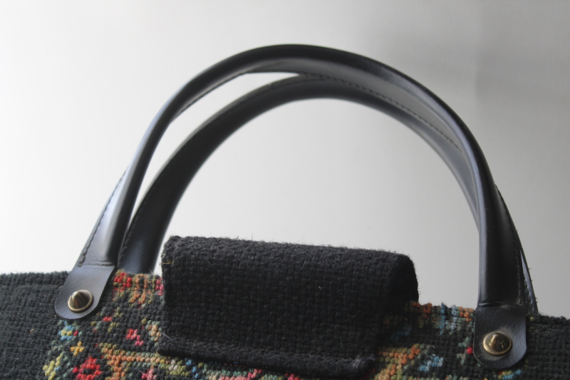 photo of 60s 70s vintage tapestry needlepoint purse, jewel colors on black kilim style large handbag #6