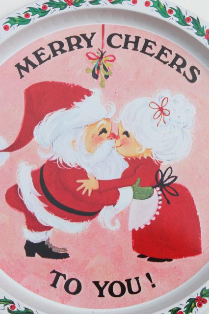 photo of 60s 70s vintage tin Christmas tray, retro Santa holiday print Merry Cheers to You! #2