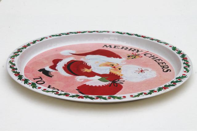 photo of 60s 70s vintage tin Christmas tray, retro Santa holiday print Merry Cheers to You! #5