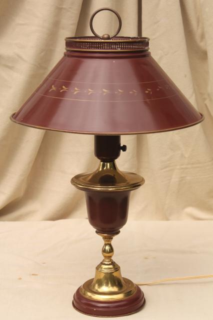 photo of 60s 70s vintage tole table lamp w/ metal shade, burgundy red wine w/ antique gold #1