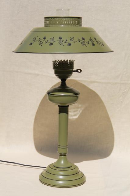 photo of 60s 70s vintage tole table lamp w/ metal shade, olive green w/ painted oak acorn in black #1