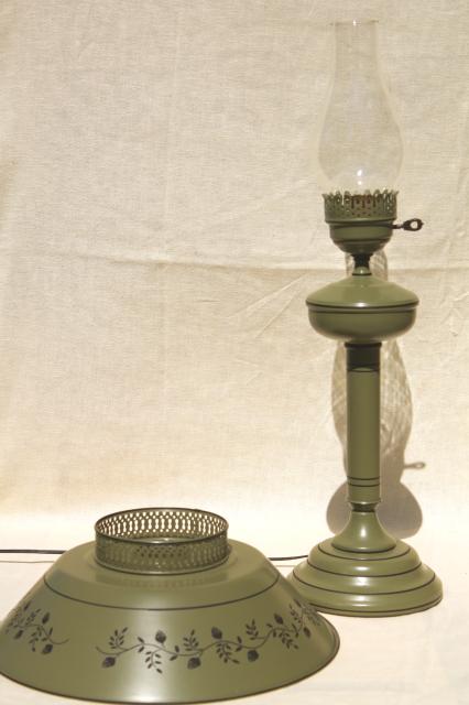 photo of 60s 70s vintage tole table lamp w/ metal shade, olive green w/ painted oak acorn in black #3