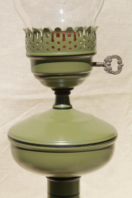 photo of 60s 70s vintage tole table lamp w/ metal shade, olive green w/ painted oak acorn in black #9