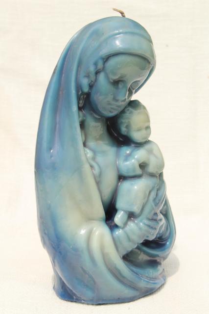 photo of 60s 70s vintage wax candle sculpture, large blue Madonna & Child retro Christmas candle #1