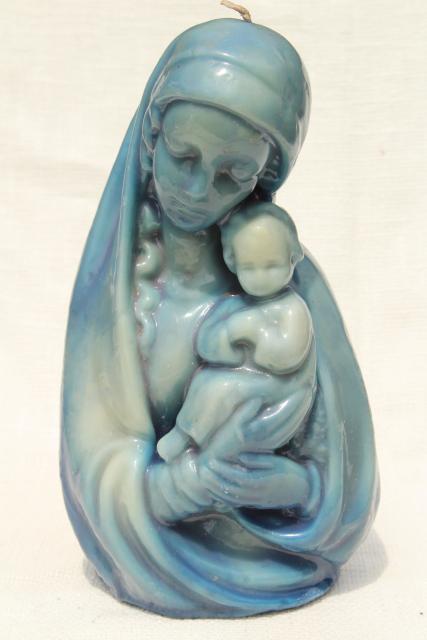 photo of 60s 70s vintage wax candle sculpture, large blue Madonna & Child retro Christmas candle #2