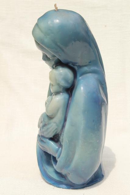 photo of 60s 70s vintage wax candle sculpture, large blue Madonna & Child retro Christmas candle #3