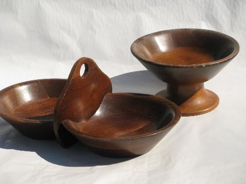 photo of 60s danish modern vintage walnut wood double bowl and pedestal dish #1