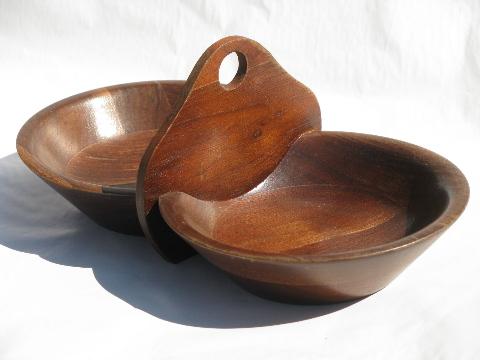 photo of 60s danish modern vintage walnut wood double bowl and pedestal dish #2