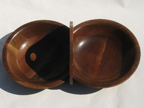 photo of 60s danish modern vintage walnut wood double bowl and pedestal dish #3