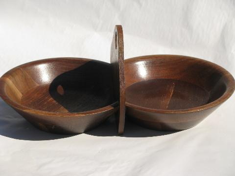 photo of 60s danish modern vintage walnut wood double bowl and pedestal dish #4