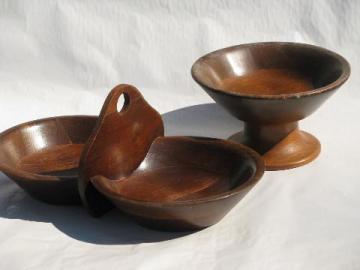 catalog photo of 60s danish modern vintage walnut wood double bowl and pedestal dish