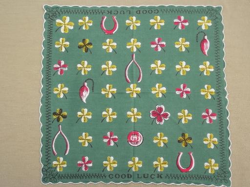 photo of 60s designer vintage print hanky, Good Luck printed cotton handkerchief #1