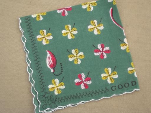 photo of 60s designer vintage print hanky, Good Luck printed cotton handkerchief #2