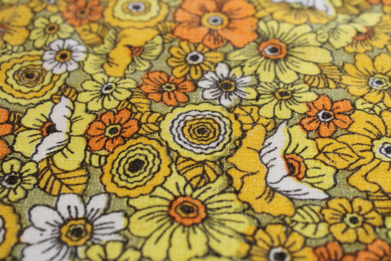 photo of 60s flower print cotton barkcloth fabric towel, orange golden yellow white daisies mod floral  #2