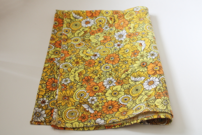 photo of 60s flower print cotton barkcloth fabric towel, orange golden yellow white daisies mod floral  #4