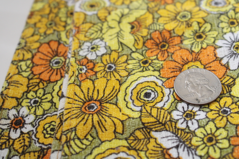 photo of 60s flower print cotton barkcloth fabric towel, orange golden yellow white daisies mod floral  #5