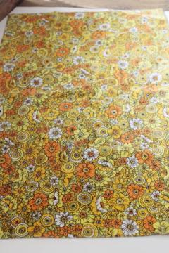 60s flower print cotton barkcloth fabric towel, orange golden yellow white daisies mod floral 