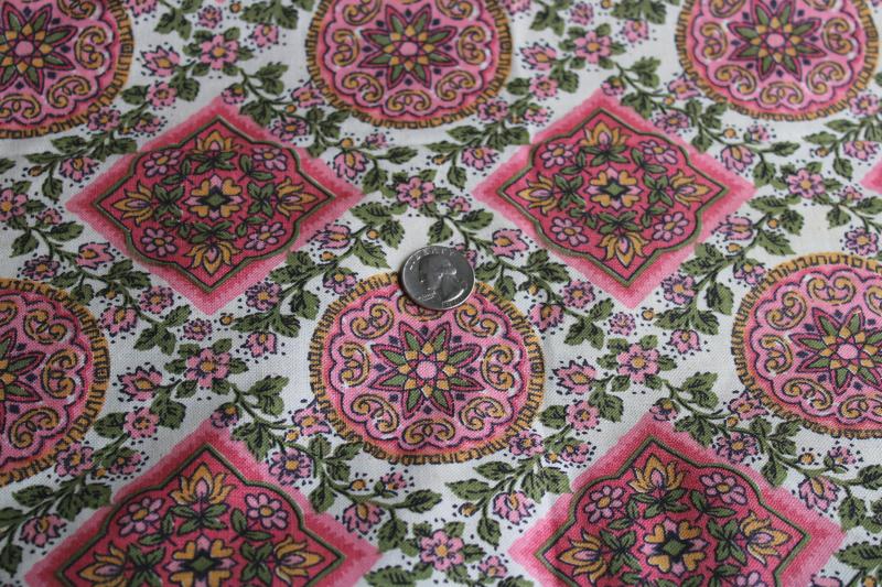 photo of 60s hippie vintage cotton fabric w/ flowers mandala print in pink green gold #1