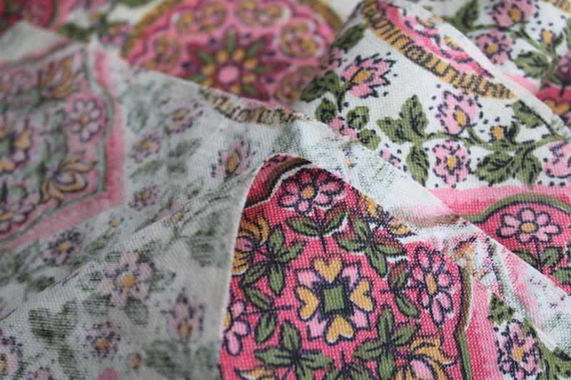 photo of 60s hippie vintage cotton fabric w/ flowers mandala print in pink green gold #2