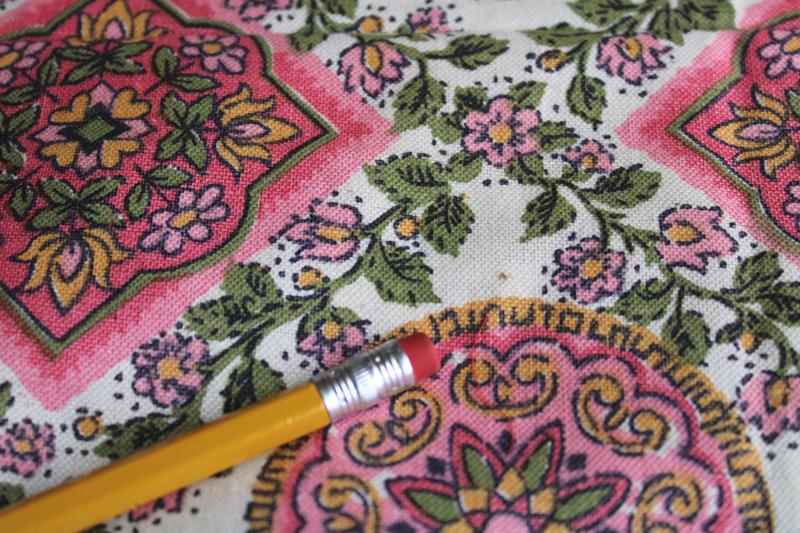 photo of 60s hippie vintage cotton fabric w/ flowers mandala print in pink green gold #3