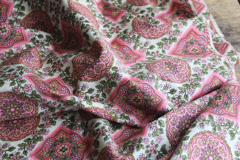 photo of 60s hippie vintage cotton fabric w/ flowers mandala print in pink green gold #4