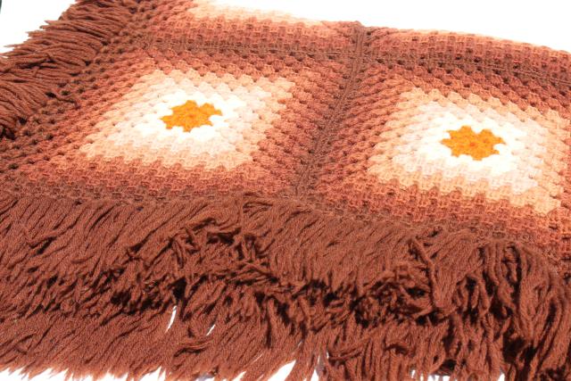photo of 60s hippie vintage fringed granny square afghan, crochet wool blanket ombre shaded browns #2