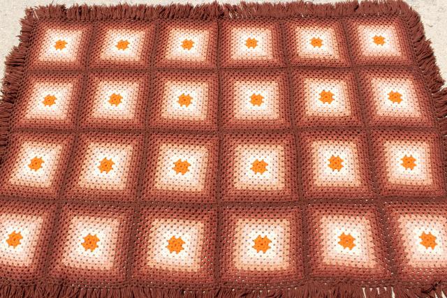 photo of 60s hippie vintage fringed granny square afghan, crochet wool blanket ombre shaded browns #3