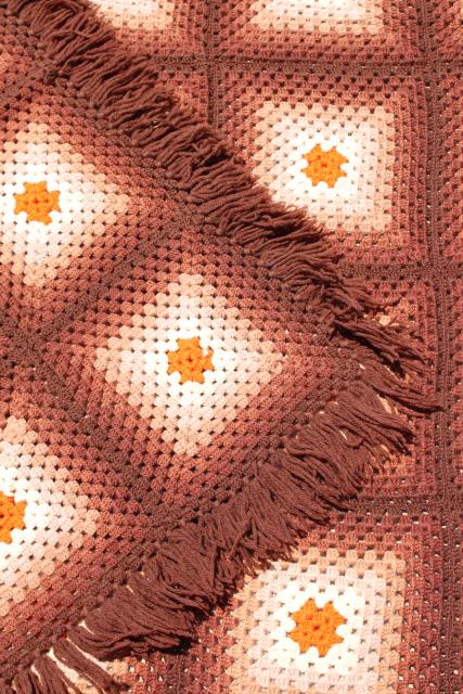 photo of 60s hippie vintage fringed granny square afghan, crochet wool blanket ombre shaded browns #4