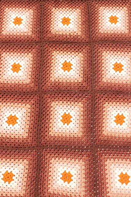 photo of 60s hippie vintage fringed granny square afghan, crochet wool blanket ombre shaded browns #6