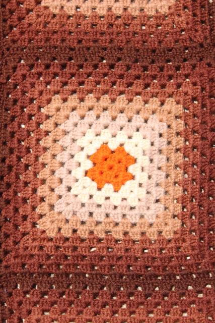 photo of 60s hippie vintage fringed granny square afghan, crochet wool blanket ombre shaded browns #7