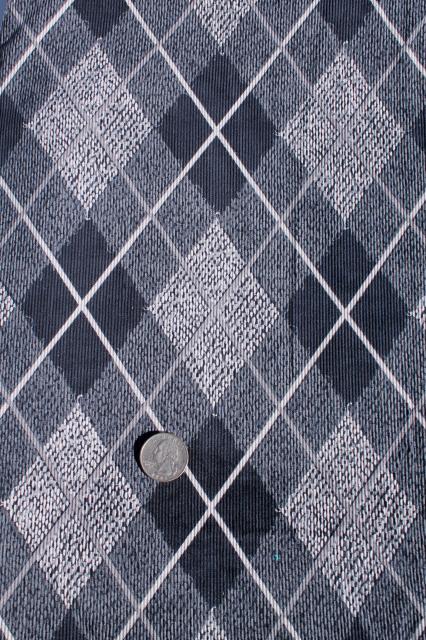 photo of 60s mod black & white argyle print cotton corduroy fabric, pincord pin wale soft vintage cord #1