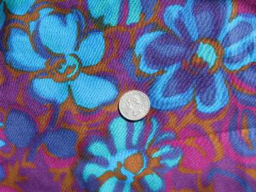 catalog photo of 60s mod cotton sateen fabric, big retro flowers print, blue, green, purple!