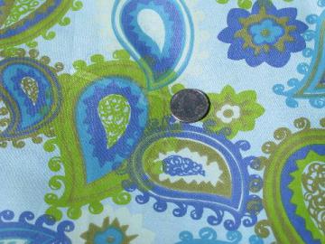 catalog photo of 60s mod cotton sateen fabric, big retro paisley print, green on blue