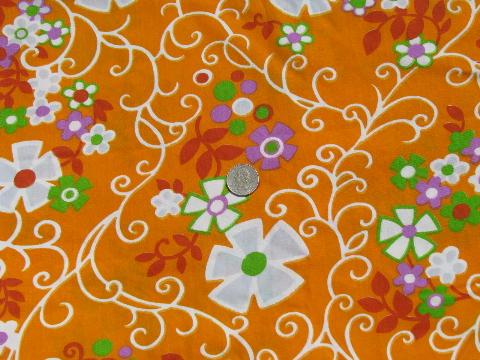 photo of 60s mod flower power print on tangerine orange, retro vintage fabric #1