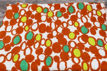 catalog photo of 60s mod print cotton terrycloth towel fabric never used, abstract circles dots orange, yellow, lime green