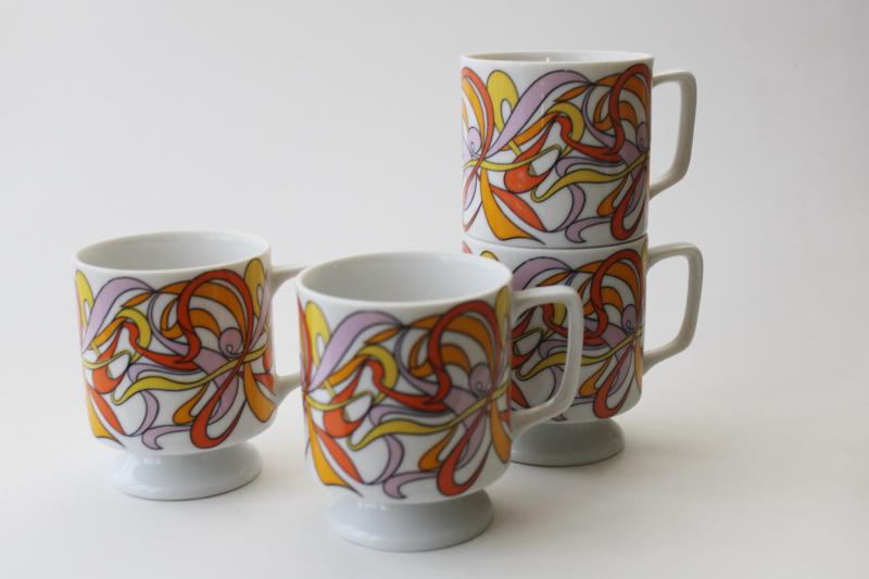 photo of 60s mod psychedelic swirls print stackable mugs, vintage Japan ceramic #1