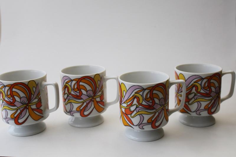 photo of 60s mod psychedelic swirls print stackable mugs, vintage Japan ceramic #3