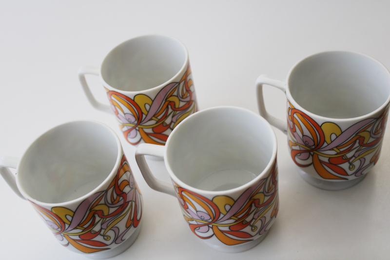 photo of 60s mod psychedelic swirls print stackable mugs, vintage Japan ceramic #4