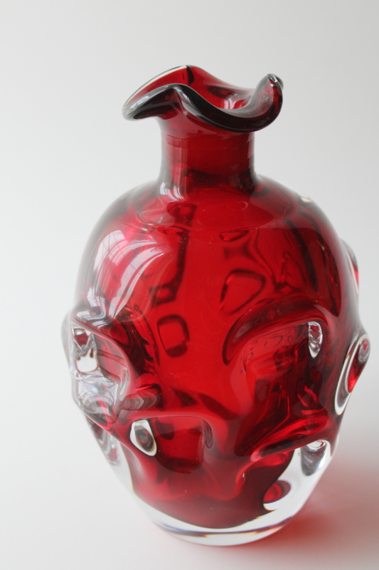 photo of 60s mod vintage Bo Borgstrom Sweden art glass decanter vase, clear cased ruby red glass #1