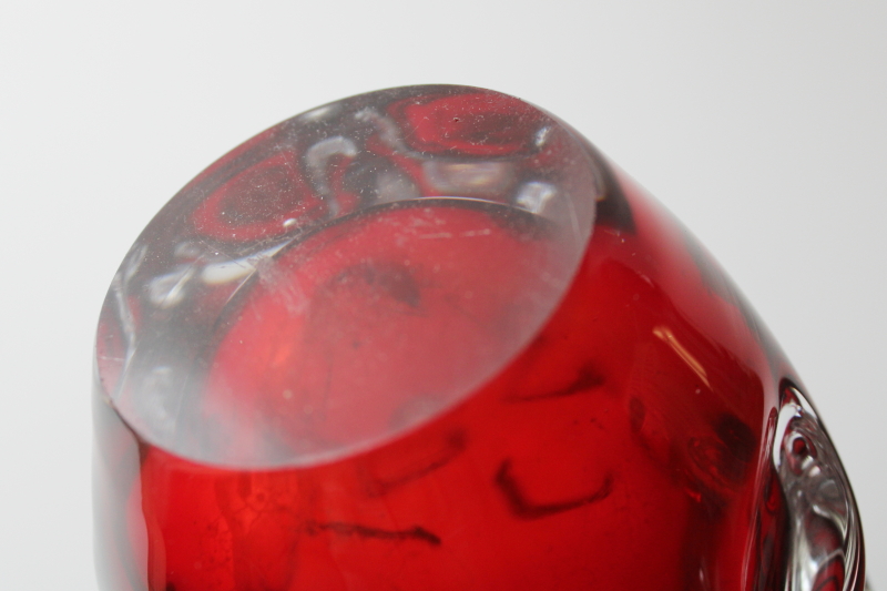 photo of 60s mod vintage Bo Borgstrom Sweden art glass decanter vase, clear cased ruby red glass  #4
