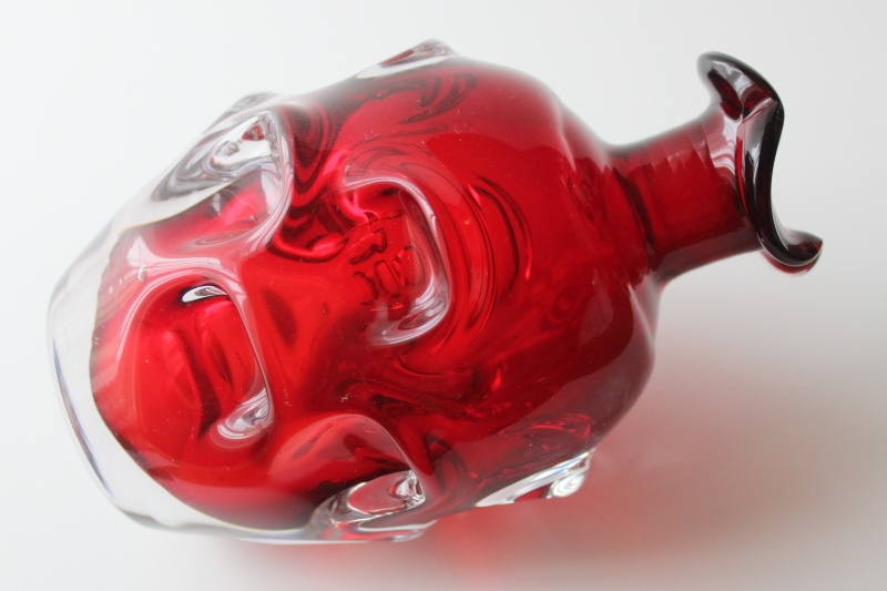 photo of 60s mod vintage Bo Borgstrom Sweden art glass decanter vase, clear cased ruby red glass  #7