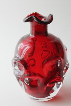 60s mod vintage Bo Borgstrom Sweden art glass decanter vase, clear cased ruby red glass 