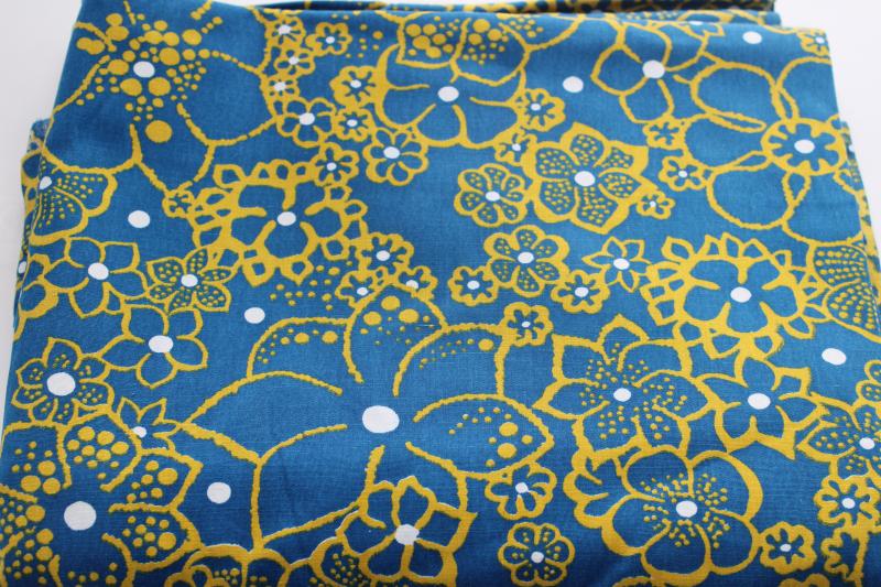 60s mod vintage cotton fabric, large flowers print mustard gold on teal ...