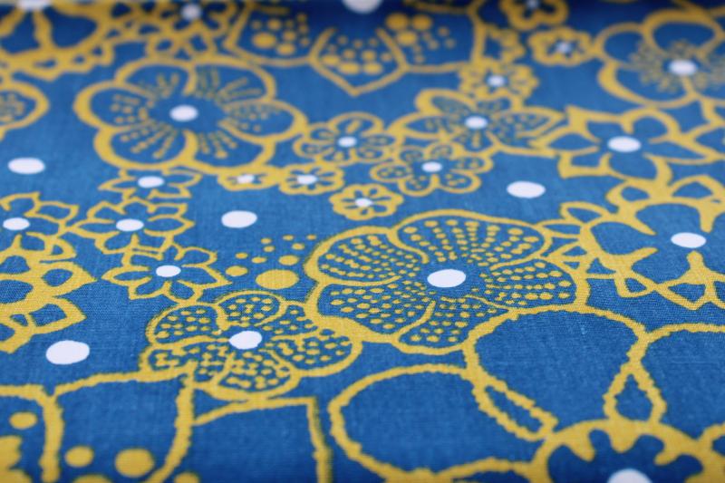 photo of 60s mod vintage cotton fabric, large flowers print mustard gold on teal blue #4