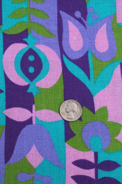 photo of 60s mod vintage fabric, heavy linen weave cotton blend w/ retro flowered print #2