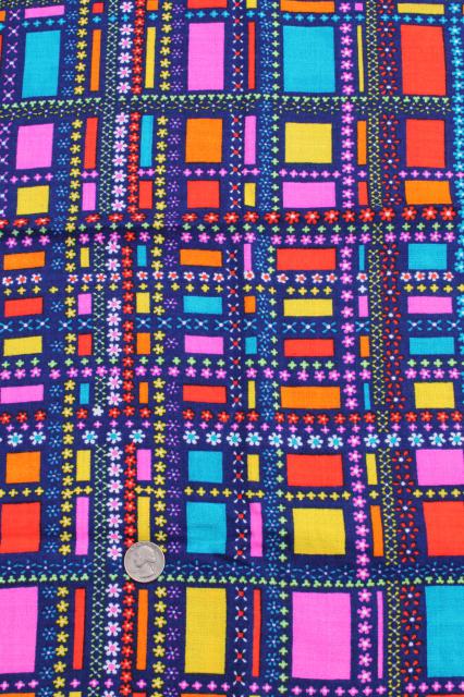photo of 60s mod vintage polyester fabric, poly crepe w/ retro print squares in bright colors #1
