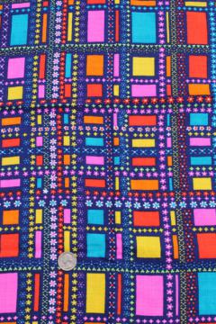 catalog photo of 60s mod vintage polyester fabric, poly crepe w/ retro print squares in bright colors